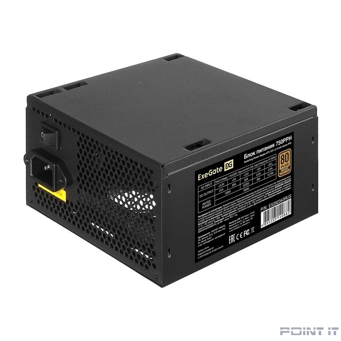 Exegate EX292343RUS-OEM Блок питания 750W ExeGate 80 PLUS® Bronze 750PPH-OEM (ATX, APFC, КПД 89% (80 PLUS Bronze), 12cm fan, 24pin, 2x(4+4)pin, 4xPCI-E, 6xSATA, 3xIDE, black, RTL)