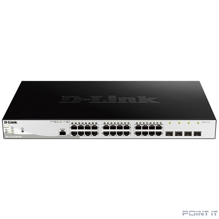 D-Link DGS-1210-28MP/ME/B2A PROJ Управляемый коммутатор 2 уровня с 24 портами 10/100/1000Base-T и 4 портами 1000Base-X SFP (24 порта с поддержкой PoE 802.3af/802.3at (30 Вт), PoE-бюджет 370 Вт)