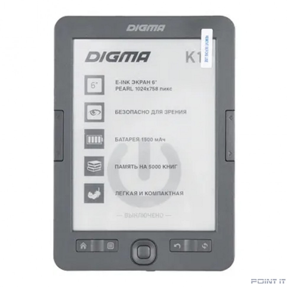 Электронная книга Digma K1 6" E-ink HD Pearl 758x1024 600MHz 128Mb/4Gb/SD/microSDHC темно-серый [1389695]