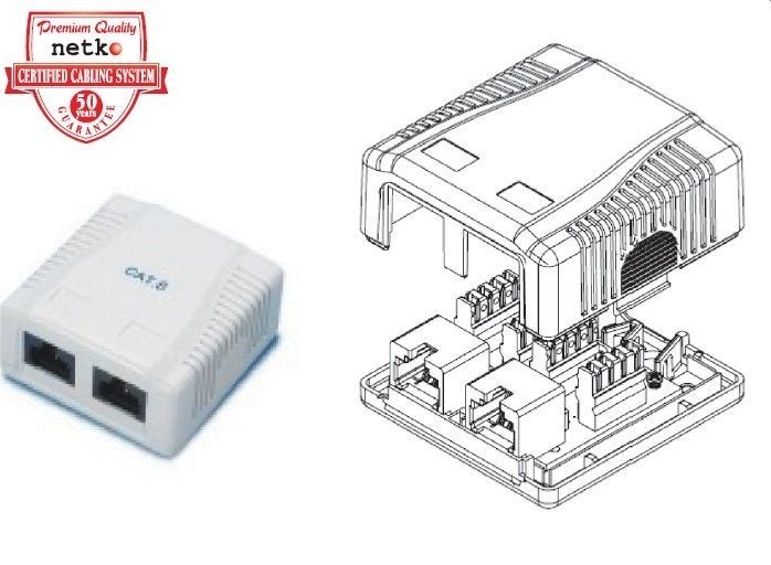 Розетка компьютерная внешняя на плате 2xRJ45, неэкран, cat.5e, 110/Krone тип (Dual IDC) белая, Netko СКС