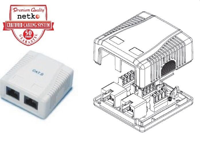 Розетка компьютерная внешняя на плате 2xRJ45, неэкран, cat.6, 110/Krone тип (Dual IDC) белая, Netko СКС
