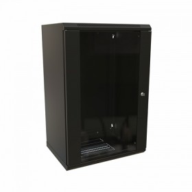  								Шкаф настенный 19-дюймовый (19), 18U, 908x600х600мм, стеклянная дверь с перфорацией по бокам, ручка с замком, цвет черный (RAL 9004) (разобранный)							