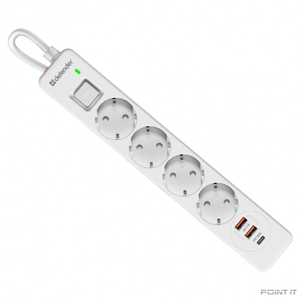 Defender Удлинитель с сетевым фильтром DFS 143 3 м,белый,4розетки,USB+TypeC [99434]