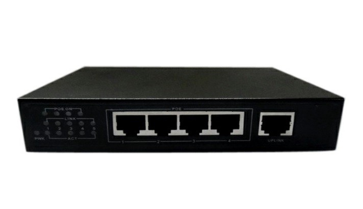 PoE, коммутатор, настольный, 5 портовый, 4 PoE 802.3at 100Mbit порта, 1 100Mbit, черный
