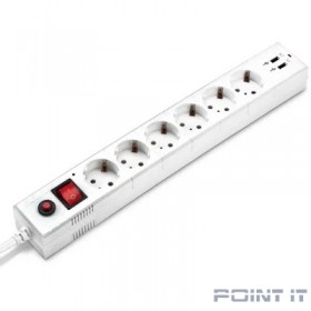 BURO Сетевой фильтр, 6 розеток, 1.8 метра, (BU-SP1.8_USB_2A-W), белый (коробка) {992309}