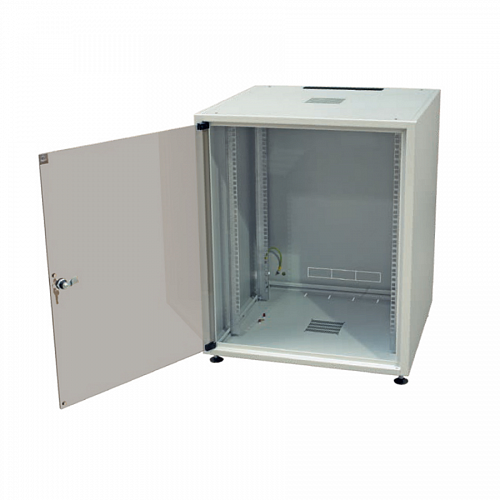 Шкаф напольный серии SJB, 19-дюймовый (19), 18U, 871x600х600мм (ВхШхГ), стекл. дверь, цвет серый (RAL 7035), без столешницы, нагрузка 45 кг (собранны
