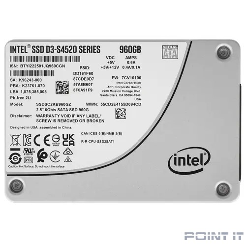 Intel SSD D3-S4520 Series, 960GB, 2.5" 7mm, SATA3, TLC, SSDSC2KB960GZ01